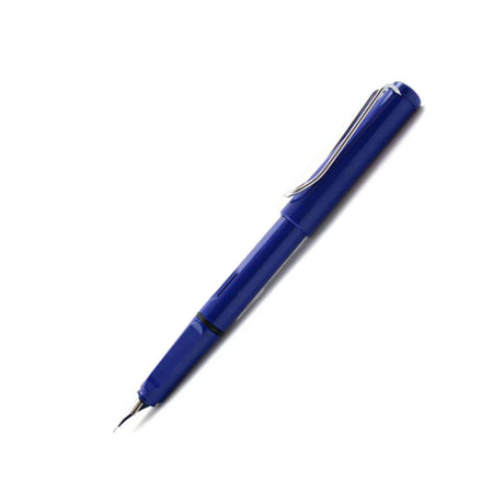 Blue Lamy Safari fountain pen with extra-fine steel nib, shown with a sleek plastic body and clip design.