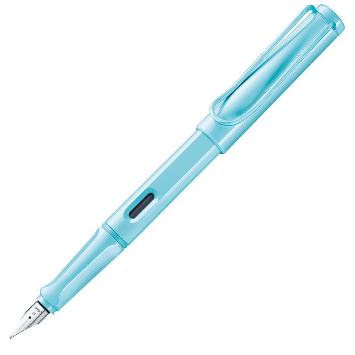 Blue Lamy Safari fountain pen with steel nib, sleek design, and transparent body showing ink inside.