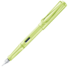 Blue Lamy Safari fountain pen with extra-fine steel nib, showcasing its sleek design and vibrant color.