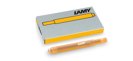 Lamy fountain pen ink cartridge in Mango color, compatible with Lamy fountain pens, shown in close-up with packaging details