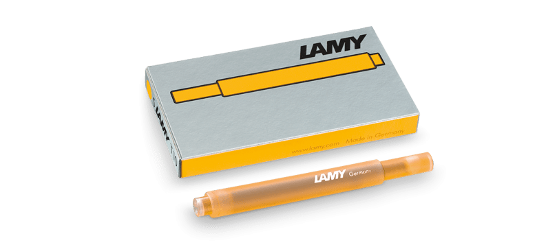 Lamy fountain pen ink cartridge in Mango color, compatible with Lamy fountain pens, shown in close-up with packaging details