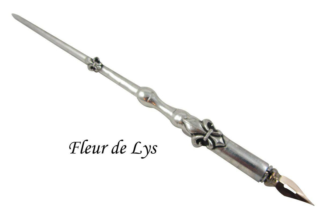 Le Potier D'etain pewter calligraphy dip pen with Fleur-de-Lys design and fine nib for elegant writing and calligraphy.