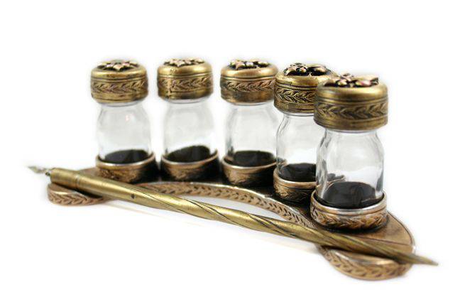 Le Potier D'etain Crescent Five Ink Bottle Set in Bronzed with elegant filigree design for writing and calligraphy.