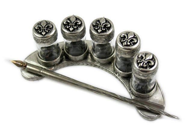 Le Potier D'etain Crescent Five Ink Bottle Set in pewter with intricate filigree design for antique-style writing.