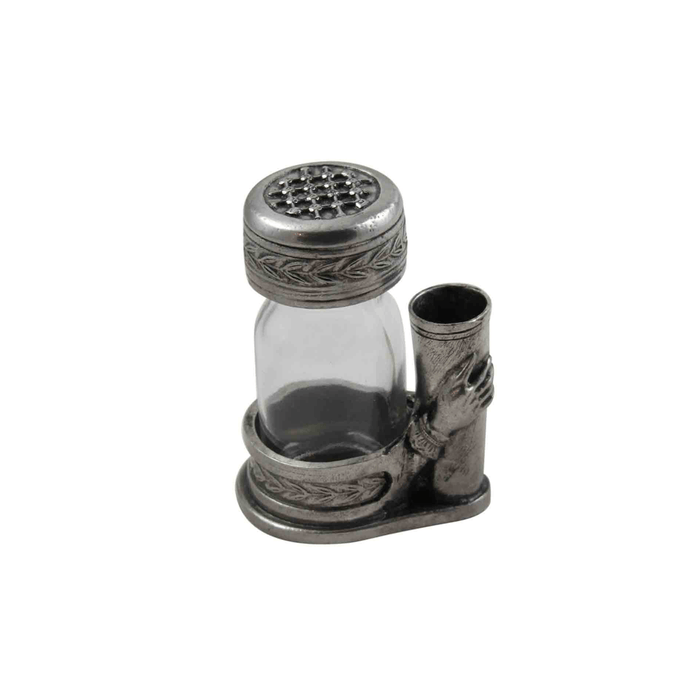 Small Le Potier D'etain pewter inkwell set with filigree design and quill pen, ideal for elegant writing and calligraphy.