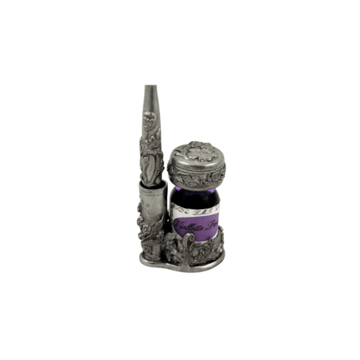 Small Inkwell Set with Quill, Flower Design, Pewter - Papier Plume