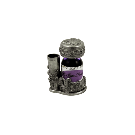 Small pewter inkwell set with flower design and quill, by Le Potier D'etain, featuring a decorative and vintage style.