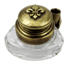 Bronze triangle inkwell set with fleur de lys design and quill pen, crafted by Le Potier D'etain, elegant vintage writing accessory