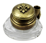 Bronze triangle inkwell set with fleur de lys design and quill pen, crafted by Le Potier D'etain, elegant vintage writing accessory