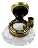 Bronze triangle inkwell set with quill and Fleur de Lys design by Le Potier D'etain, elegant vintage writing accessory