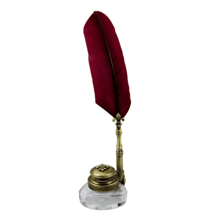 Bronze triangle inkwell set with a quill and Fleur de Lys design by Le Potier D'etain, vintage writing accessories.