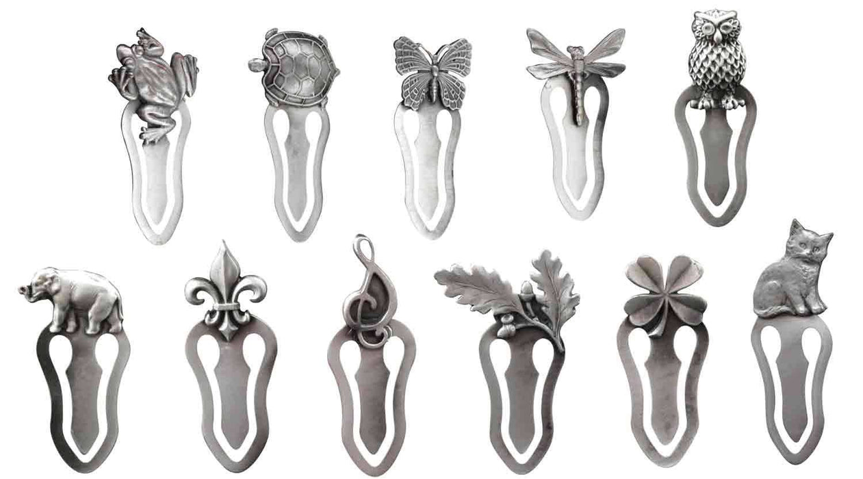 Le Potier d'Etain bookmarks featuring butterfly design, crafted from tin, showcasing detailed artwork and elegant craftsmanship.