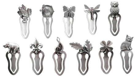 Le Potier d'Etain bookmarks featuring butterfly design, crafted from tin, showcasing detailed artwork and elegant craftsmanship.