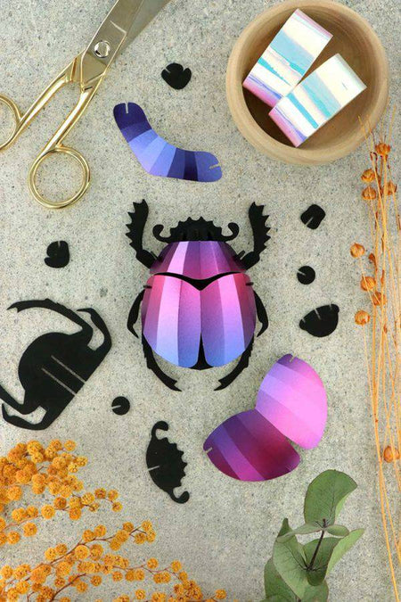 Colorful rainbow paper scarab beetle craft by Assembli, made from vibrant paper with detailed insect features.