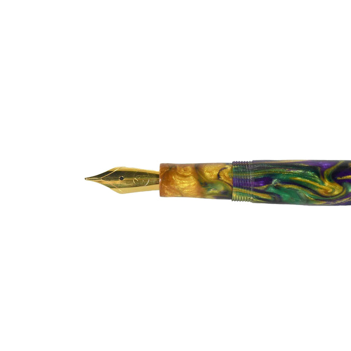 Papier Plume x Hardy Penwrights Krewe of Calliope fountain pen with an elegant design and fine nib, showcasing its sleek black body.