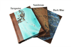 Handcrafted leather-trimmed journal with marbled paper and modern spine, small lined pages, by Il Cartiglio.