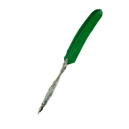 Le Potier D'Etain feather ink quills with pewter flower design and green accents, perfect for elegant writing or calligraphy.