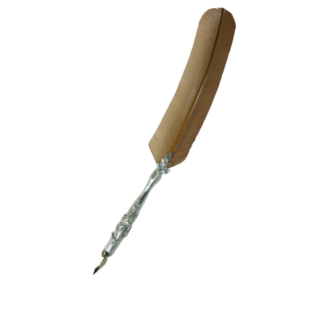 Le Potier D'Etain feather ink quills with pewter flower design, featuring tan-colored feather and decorative pewter accents.