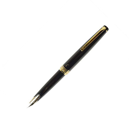 Black Pilot E95S fountain pen with gold clip and fine nib, showcasing its sleek design and smooth writing tip.