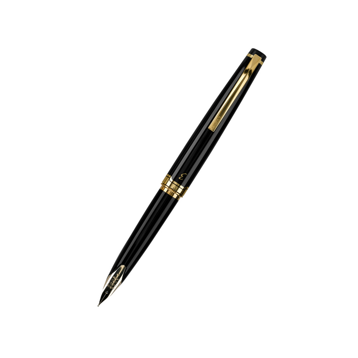 Black Pilot E95S fountain pen with sleek design and gold accents, showcasing its fine nib and elegant craftsmanship.