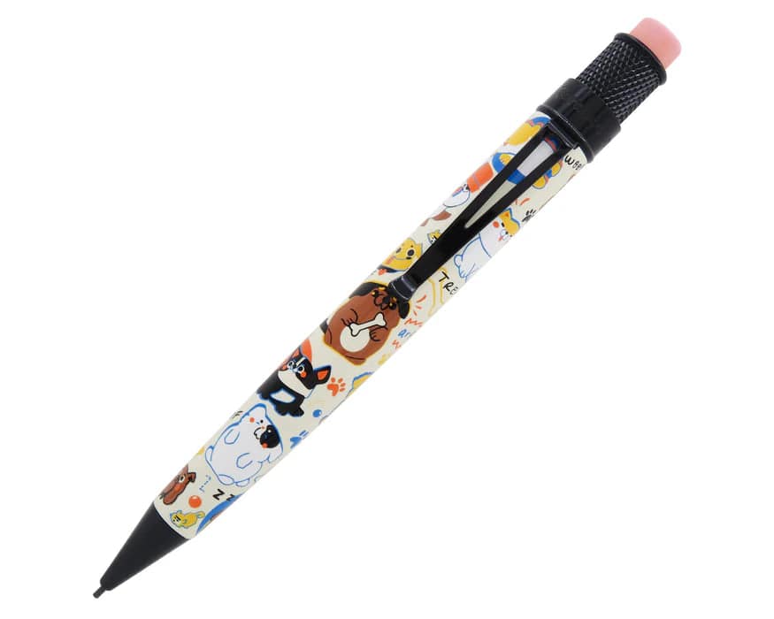 Retro 51 Tornado Rescue Dog Rescue Series 5 mechanical pencil with colorful rescue dog illustrations on a white background.