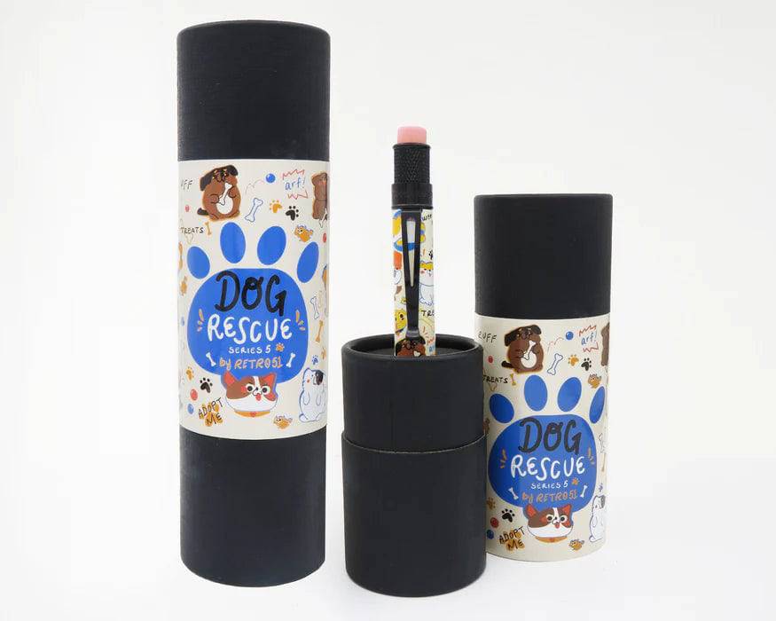Retro 51 Tornado Rescue Dog Rescue Series 5 mechanical pencil with black and orange design and silver clip.