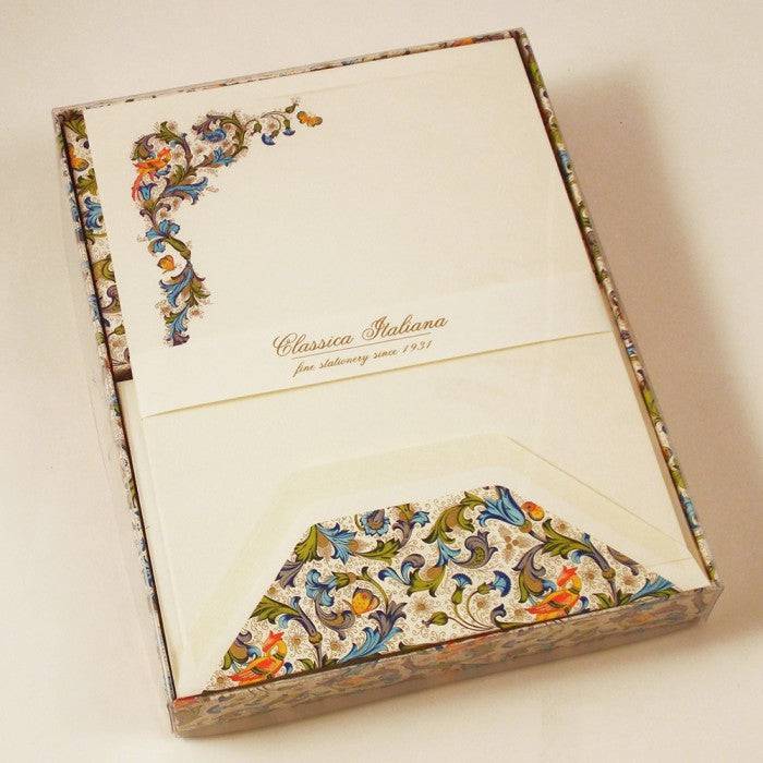 Set of Rossi Bird Florentine Classico notecards with elegant floral bird design, perfect for stationary and correspondence.