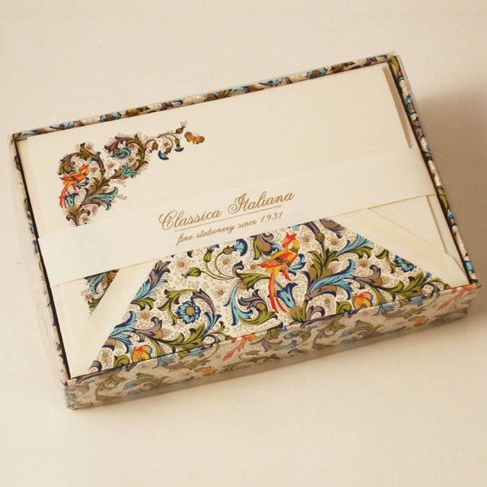 Rossi Bird Florentine Classico notecards with elegant floral design, part of Rossi's stationery collection, perfect for handwritten notes.