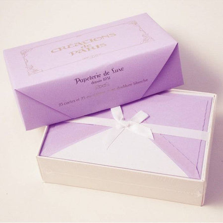 Purple Rossi stationery set featuring flat deckled edge cards and lined envelopes for elegant handwritten notes.