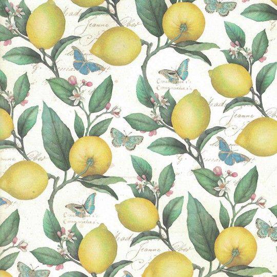 Rossi wrapping paper with lemon and butterfly pattern, featuring bright yellow lemons and colorful butterflies on white background.