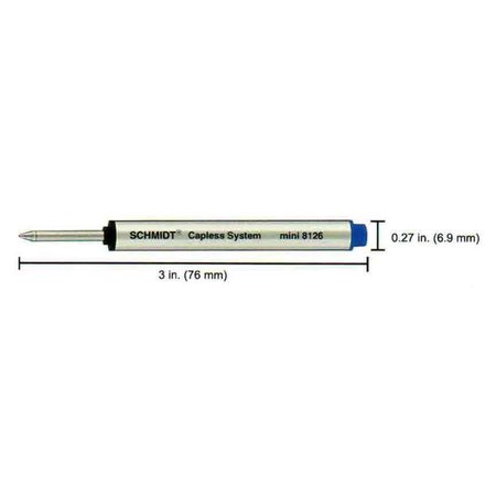 Schmidt black rollerball refill for short rollerball pens, close-up of ink tip and refill cartridge.