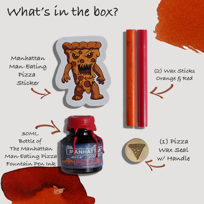 Papier Plume Manhattan Man-Eating Pizza fountain pen ink set with vibrant, pizza-themed ink bottles showing colorful ink swatches